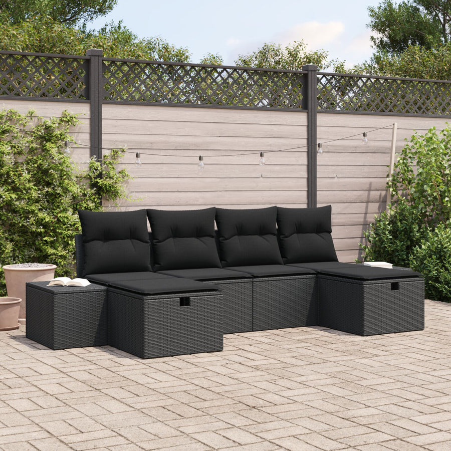 6-Delige Tuinsofa Set Met Kussen Zwart Poly Rattan