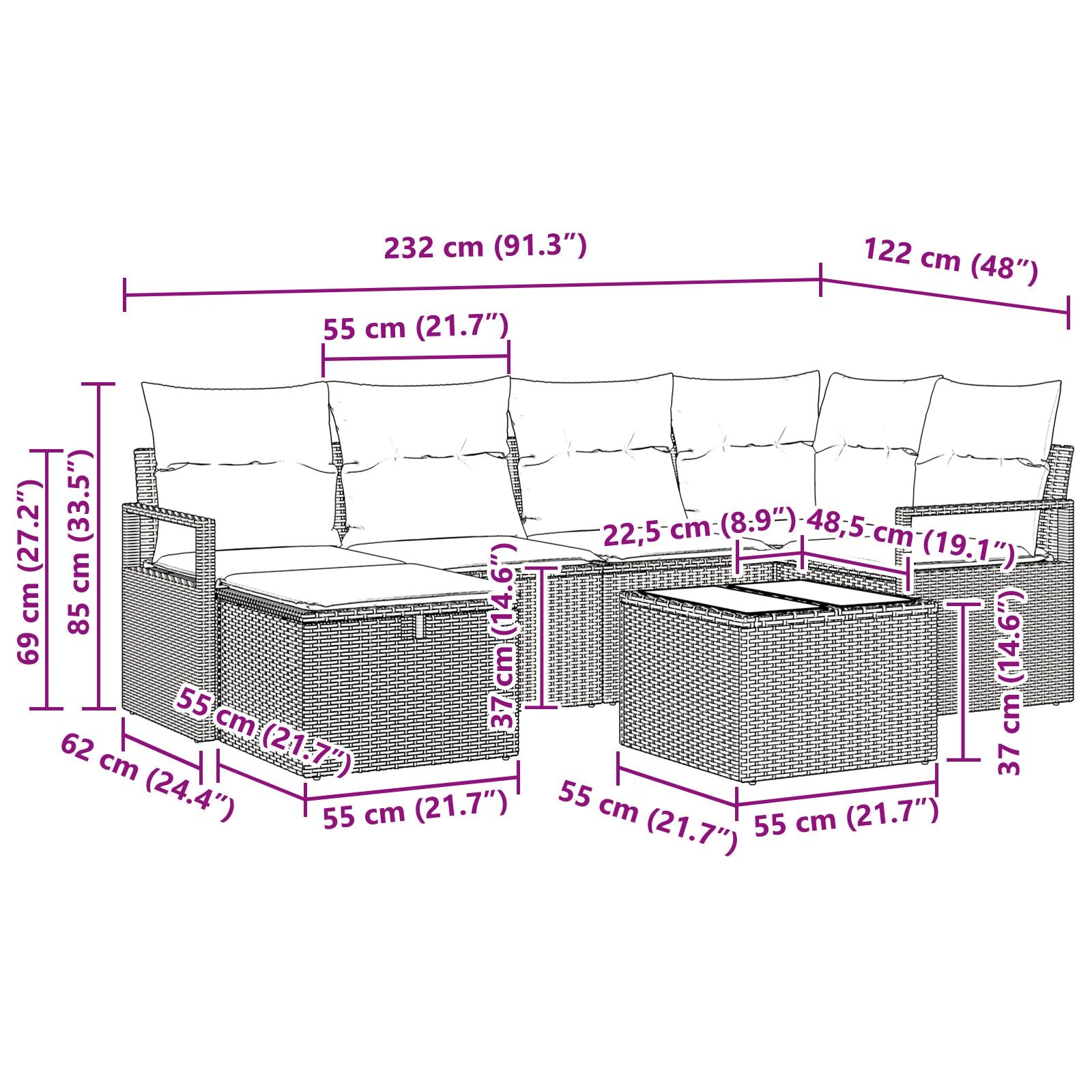 7 Delige Tuin Sofa Set Met Kussens Zwart Poly Rattan,  2-Persoons Tuin Sofa Met Kussens Zwart Poly Rattan