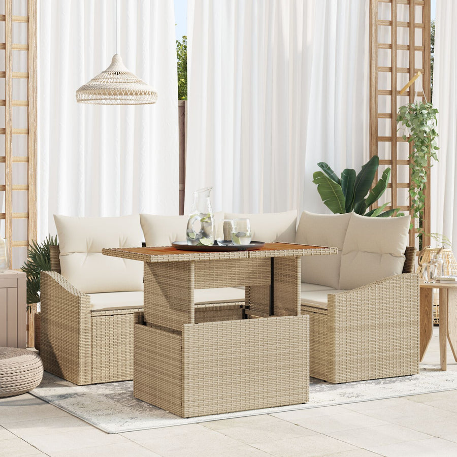 5-Delige Tuin Eetset Met Kussens Beige Poly Rattan Acacia