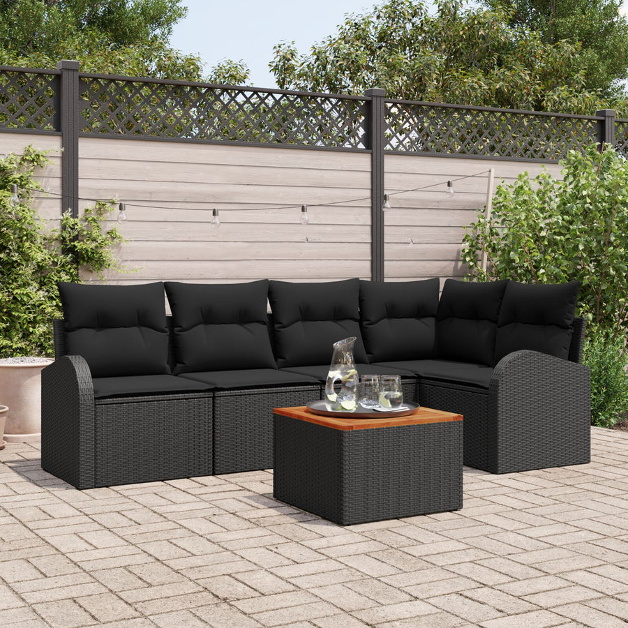 6-Delig Tuinbankstel Met Kussens Zwart Poly Rattan Acacia