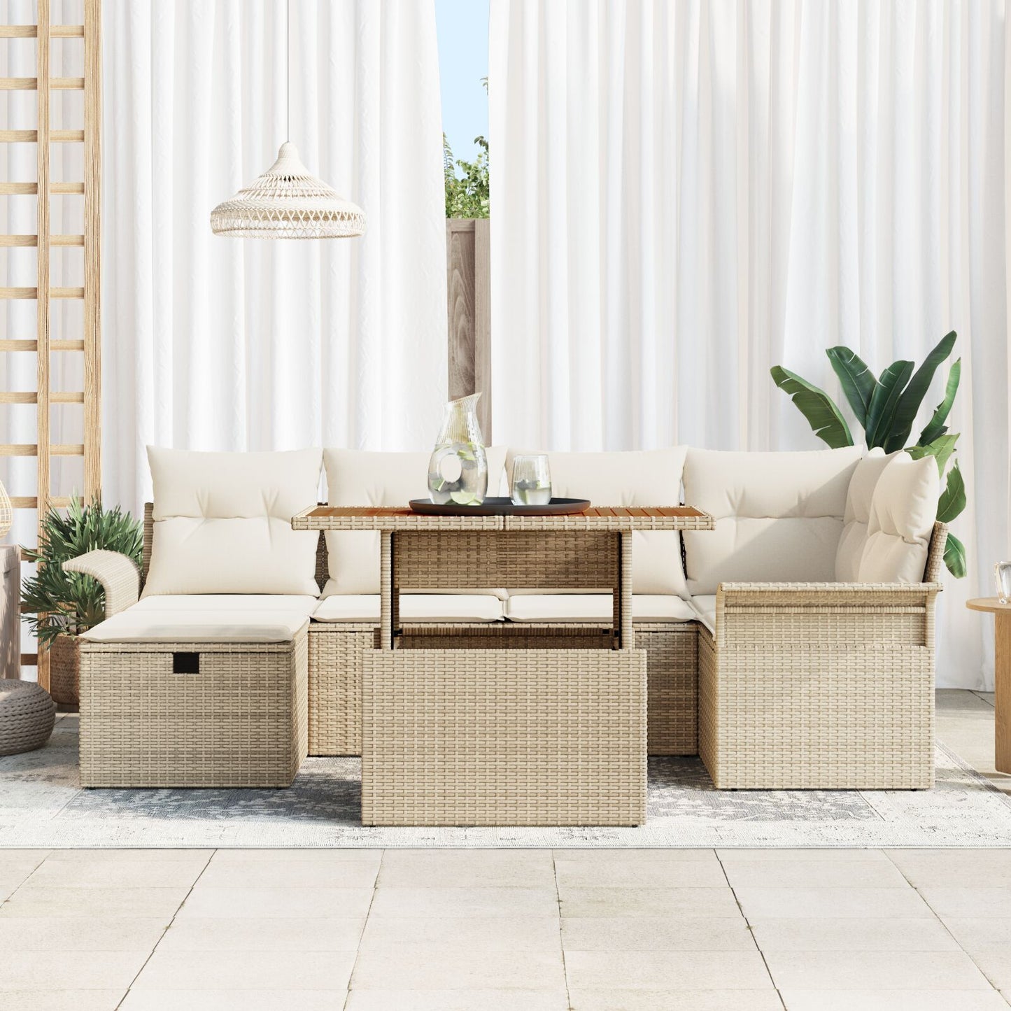 7-Delige Tuinbankset Met Kussens Beige Poly Rattan