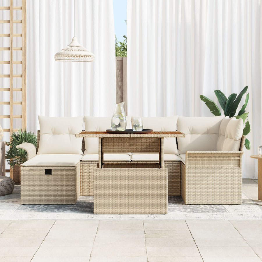 7-Delige Tuinbankset Met Kussens Beige Poly Rattan