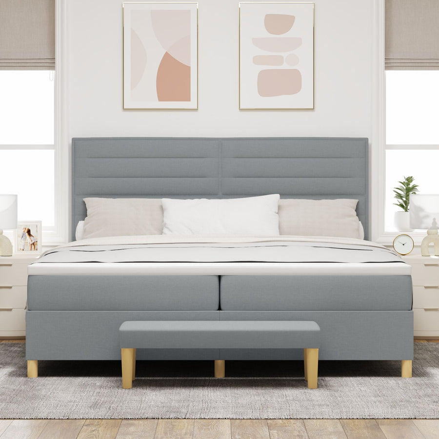 Boxspringbed Met Matras & Bank Stof Lichtgrijs 200 x 200 cm Lijnen ontwerp