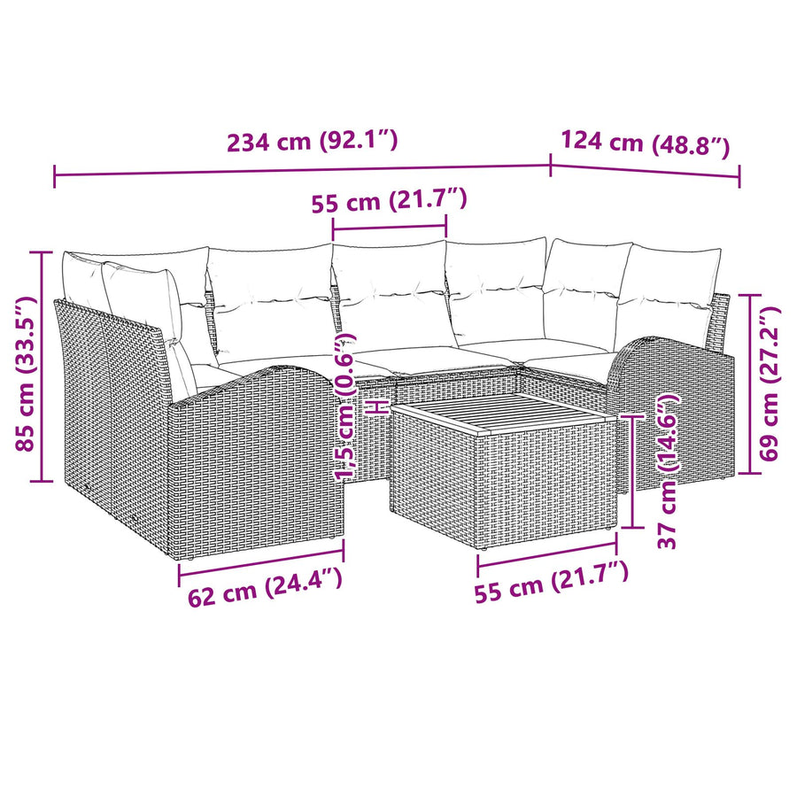 7-Delige Tuin Sofa Set Met Kussens Beige Poly Rattan Acacia