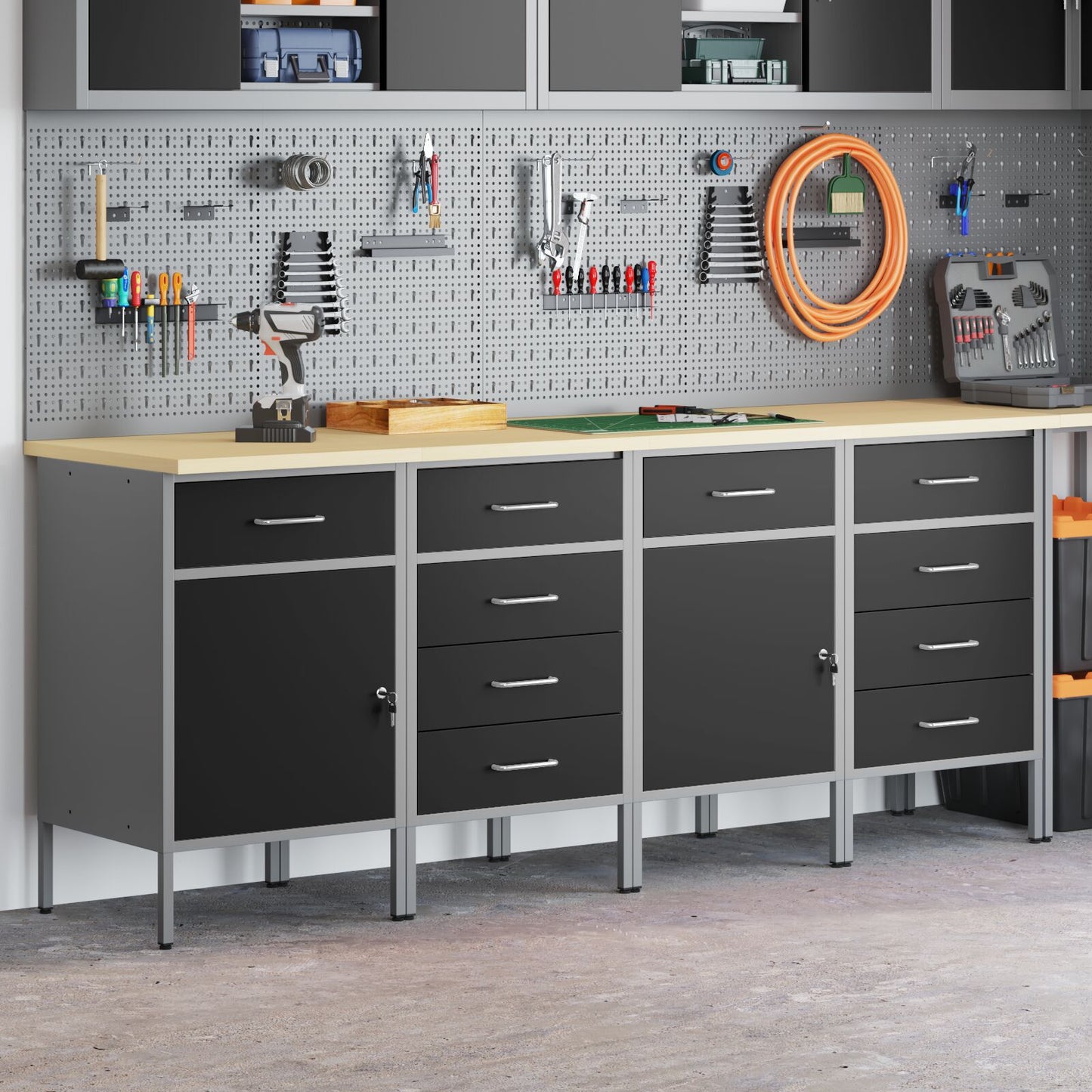 4-Delige Werkkast Set En Grijs Gelaagd Hout En Staal 4x (2x84/2x85 cm) Zwart 4x kast