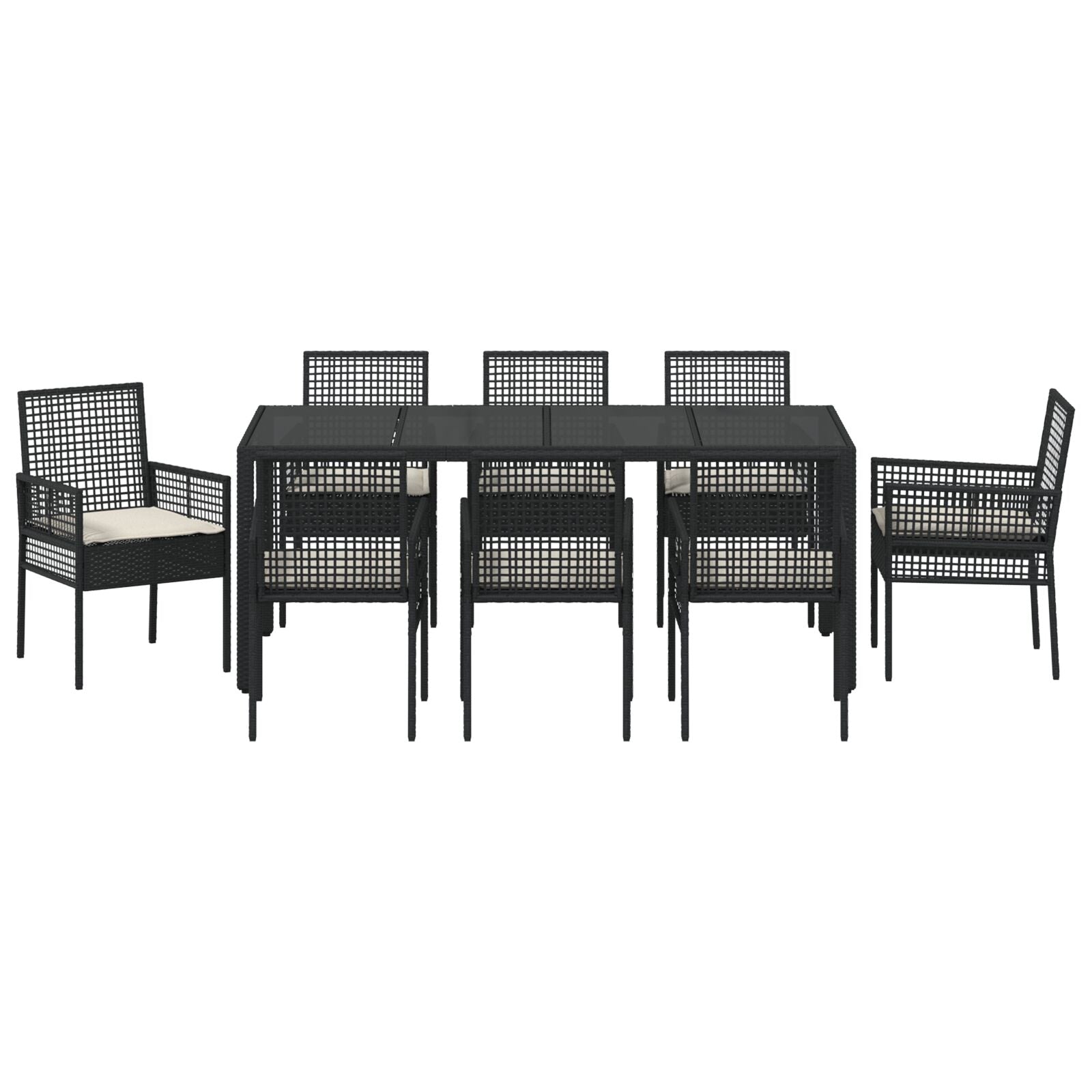 Set Van 5 Zwart Poly Rattan, Gepoeerd Staal, Gehard Glas Groot