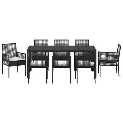 Set Van 5 Zwart Poly Rattan, Gepoeerd Staal, Gehard Glas Groot