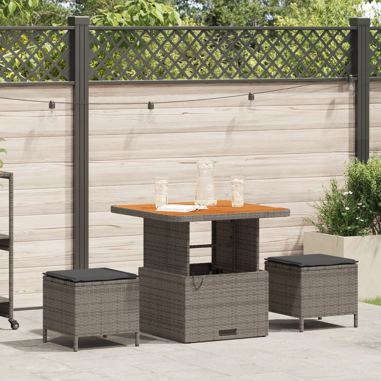 3-Delige Tuin Eetset Met Kussens Poly Rattan Acacia 80 cm Grijs 2 krukken
