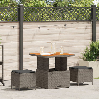 3-Delige Tuin Eetset Met Kussens Poly Rattan Acacia 80 cm Grijs 2 krukken