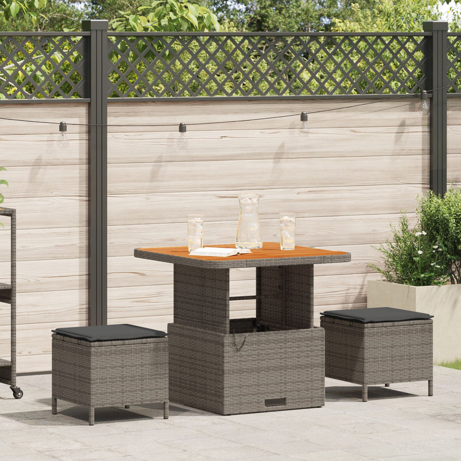 3-Delige Tuin Eetset Met Kussens Poly Rattan Acacia 80 cm Grijs 2 krukken