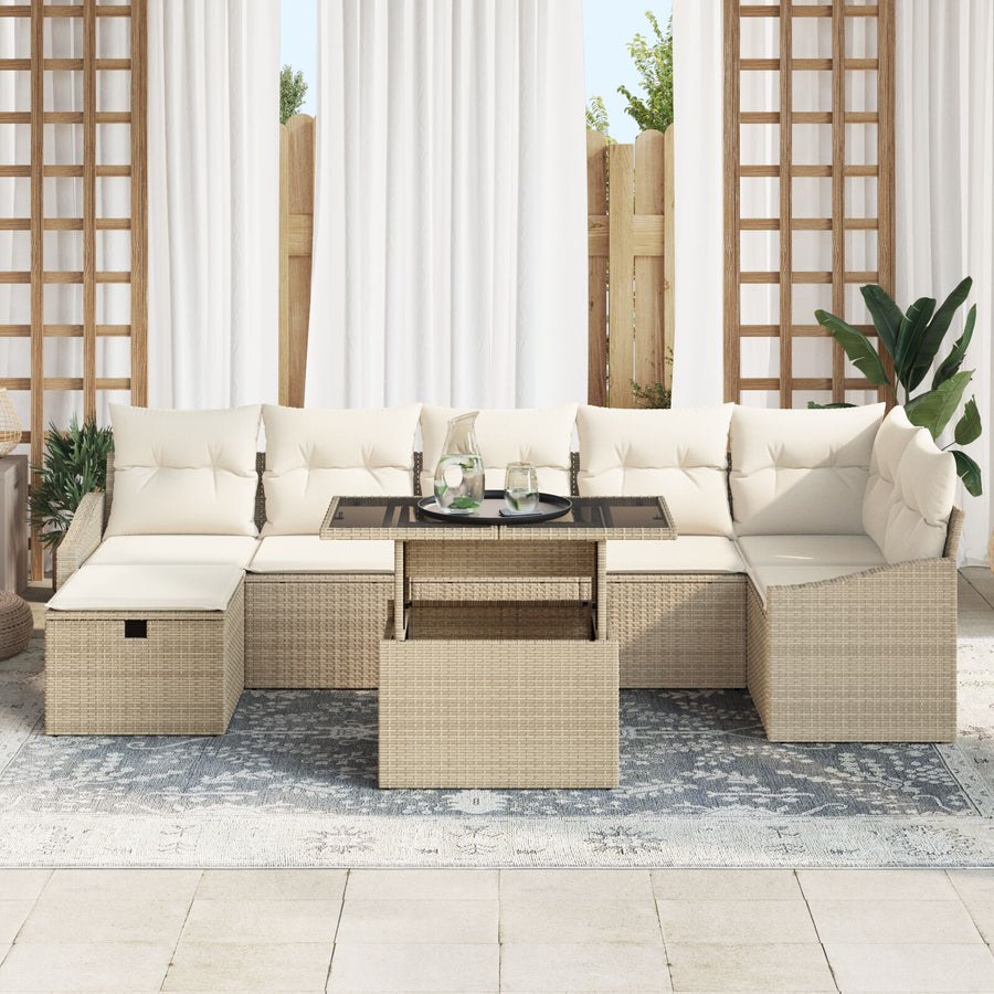 8 Delig Tuinbankstel Met Kussens Beige Poly Riet Wit