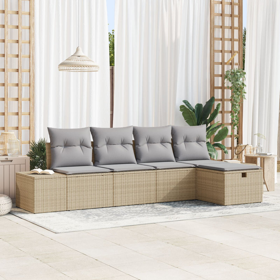 5-Delige Tuinbankset Met Kussens Beige Poly Rattan