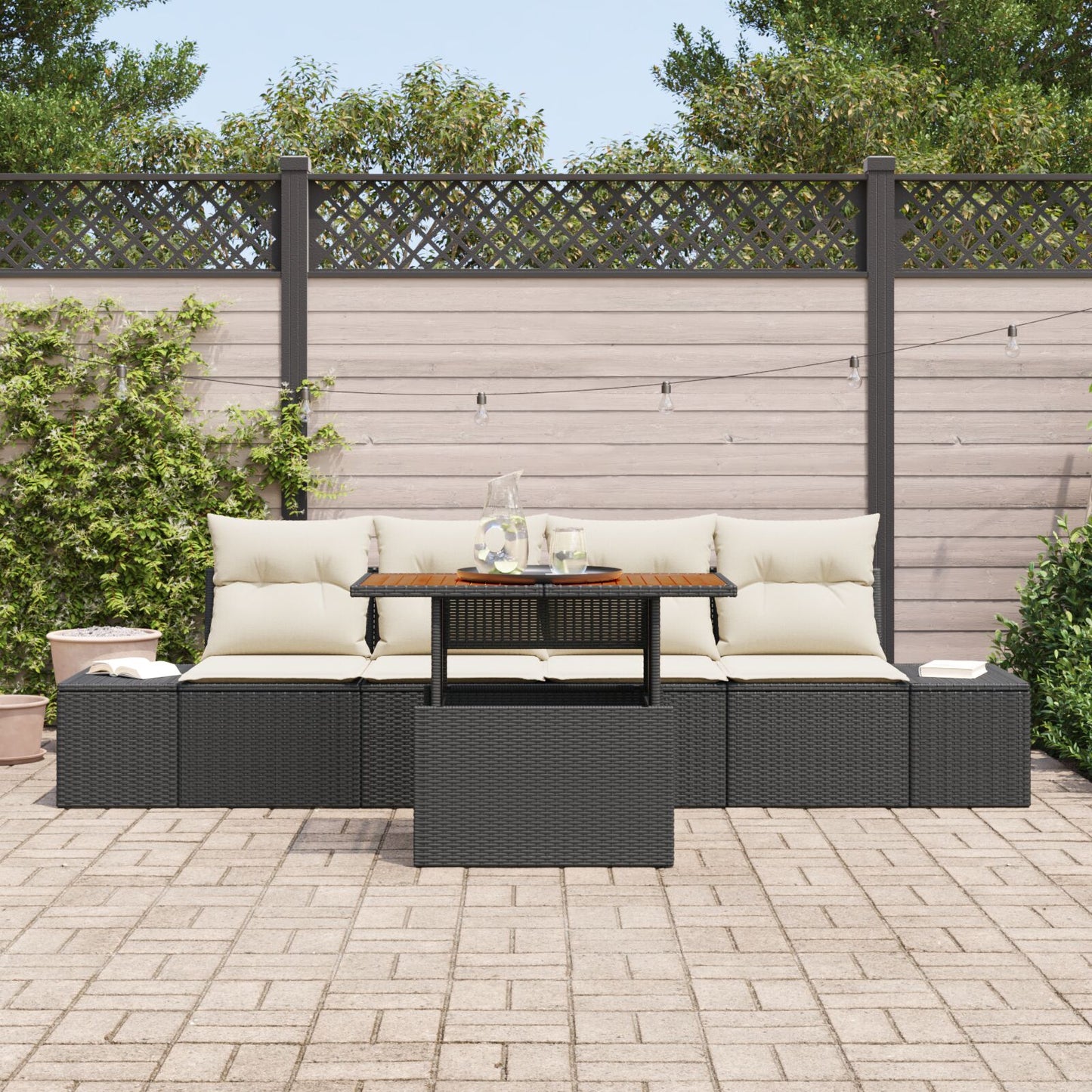 5-Delige Tuin Sofa Set Met Kussens Zwart Poly Rattan