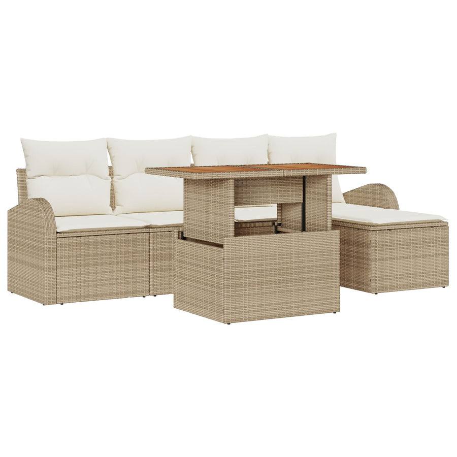 6-Delige Tuin Eetset Met Kussens Beige Poly Rattan Acacia