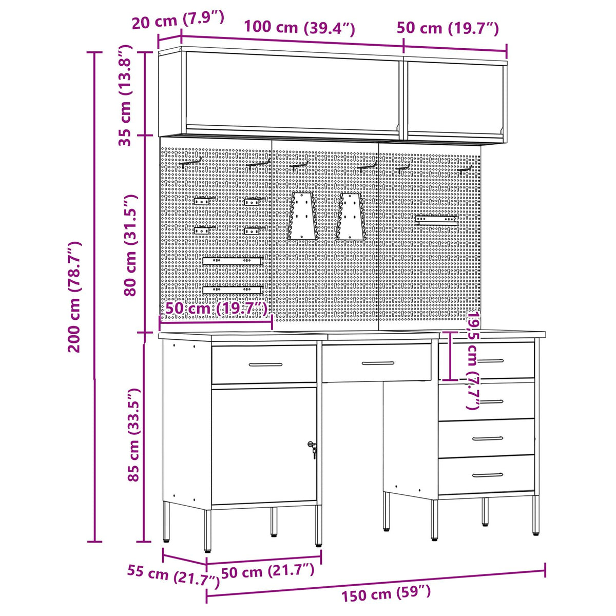 8-Delige Werkcabinet En Pegboard Set Zwart Mdf En Metaal