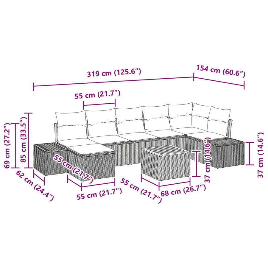 8-Delige Tuin Sofa Set Met Kussens Grijs Poly Rattan