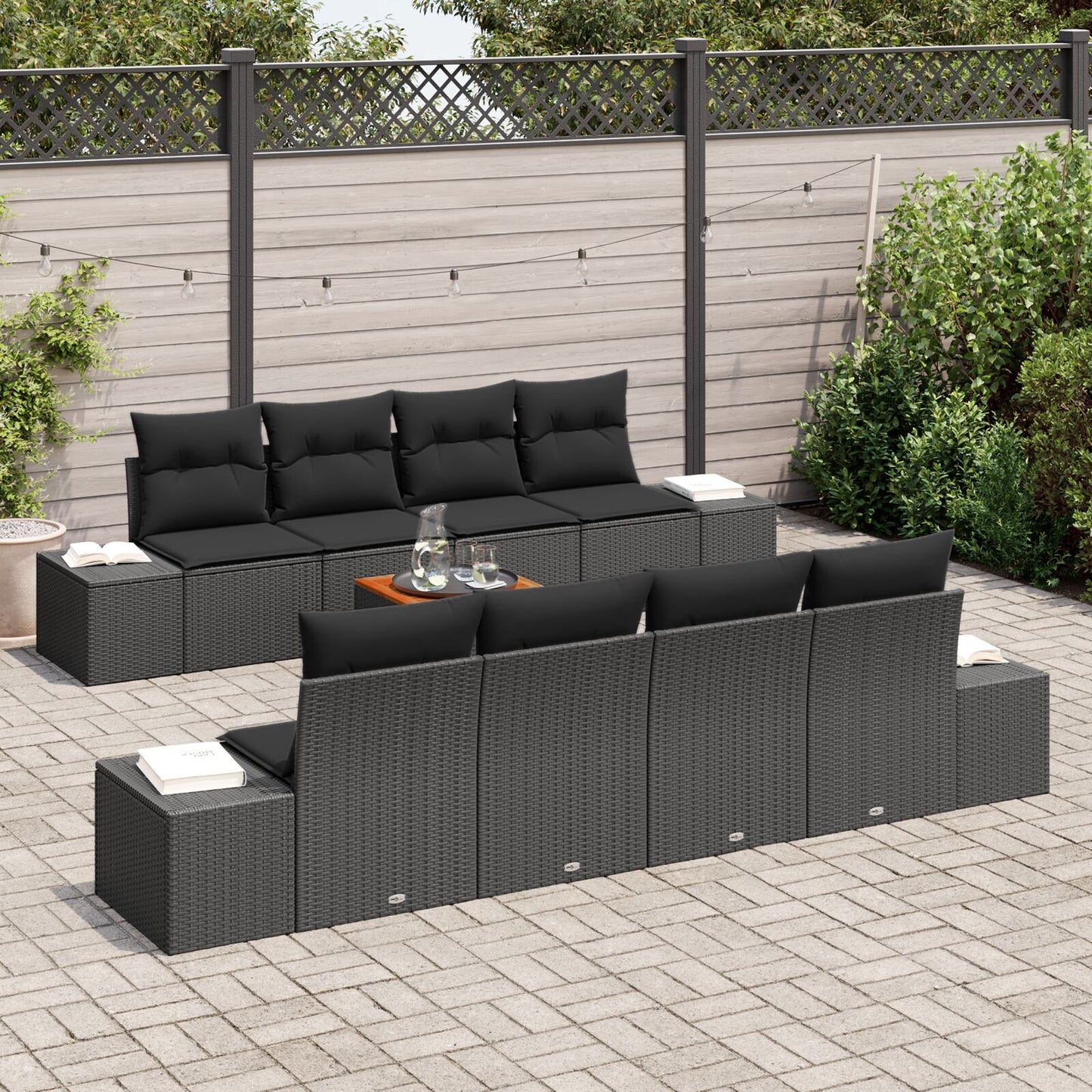 7-Delige Tuinbank Set Met Kussens Zwart Poly Riet Acacia