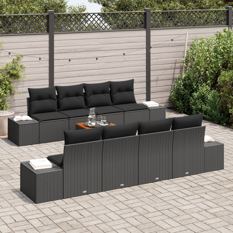 7-Delige Tuinbank Set Met Kussens Zwart Poly Riet Acacia