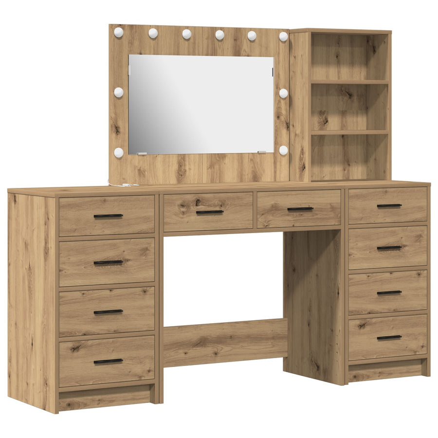3-Delige Kaptafel Set Met Led Ambachtelijk Eiken Bewerkt Hout