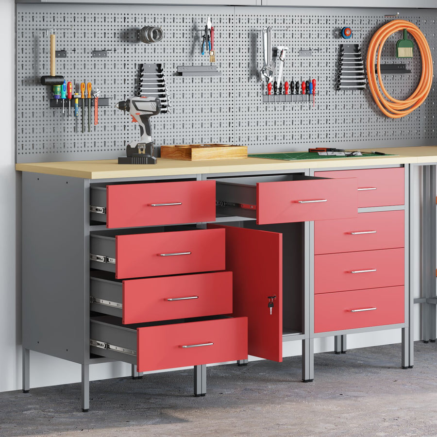 3-Delige Werkcabinet Set En Grijs Van Geëngineerd Hout En Staal 3x (84/85/85 cm) Rood 3x cabinet