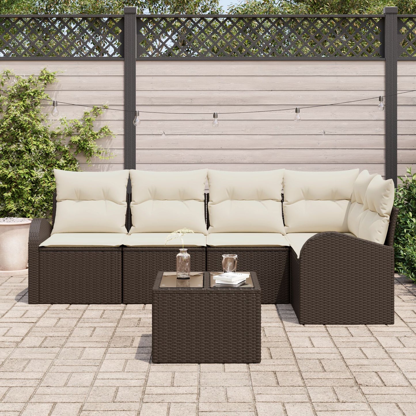 5 Delige Tuin Sofa Set Met Kussens Grijze Poly Rattan Bruin en crème met tafel