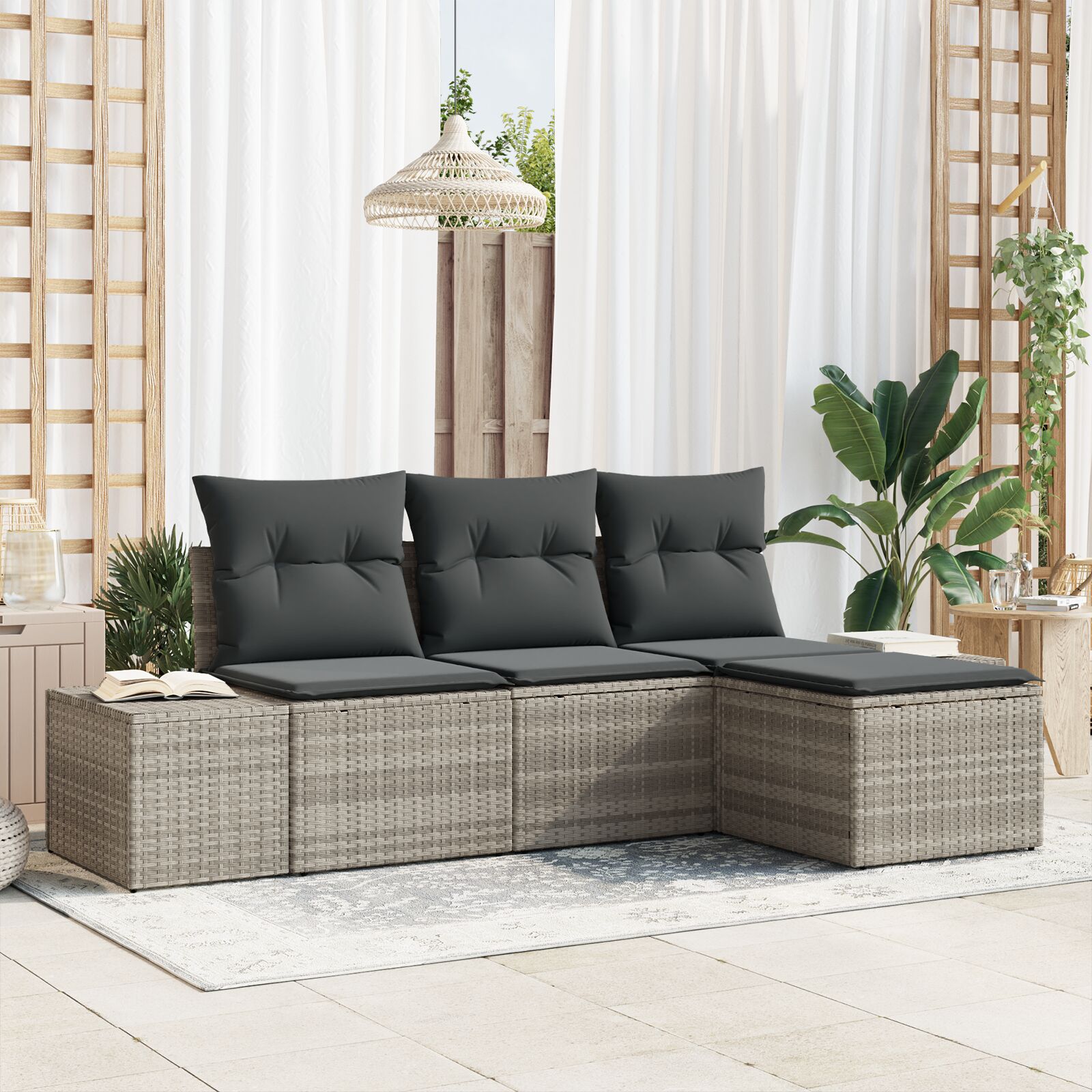 4-Delige Tuin Sofa Set Met Kussens Lichtgrijs Poly Rattan