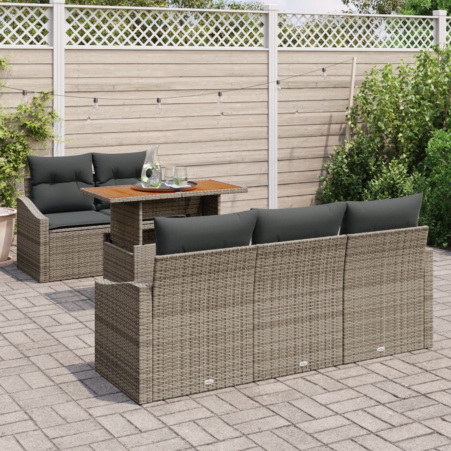 6-Delige Tuindiner Set Met Kussens Grijs Poly Rattan Acacia