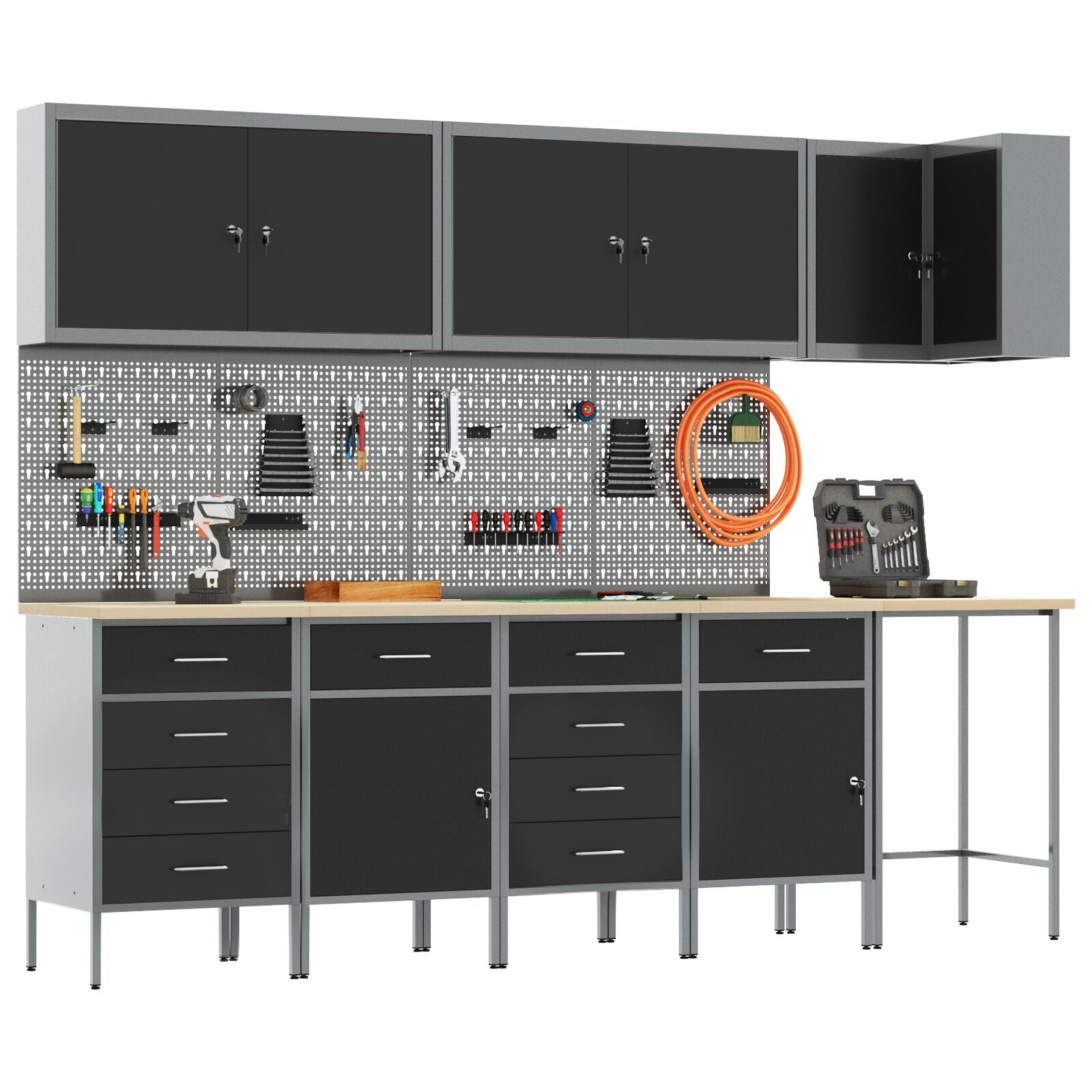 12-Delige Werkbank En Pegboard Set Mdf En Metaal 4x (2x84/2x85 cm) Zwart Tafel + 7x kast + 4x pegboard
