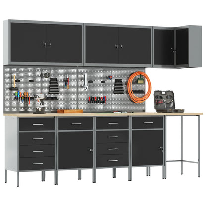 12-Delige Werkbank En Pegboard Set Mdf En Metaal 4x (2x84/2x85 cm) Zwart Tafel + 7x kast + 4x pegboard