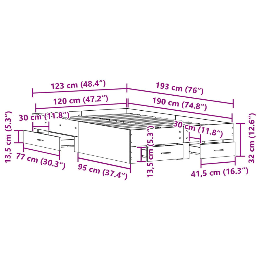 Bed Frame Met Lades Zwart Eiken 120X190 Cm Bewerkt Hout Ambachtelijk Eiken