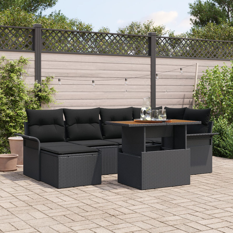 7-Delige Tuin Eetset Met Kussens Zwart Poly Rattan Acacia