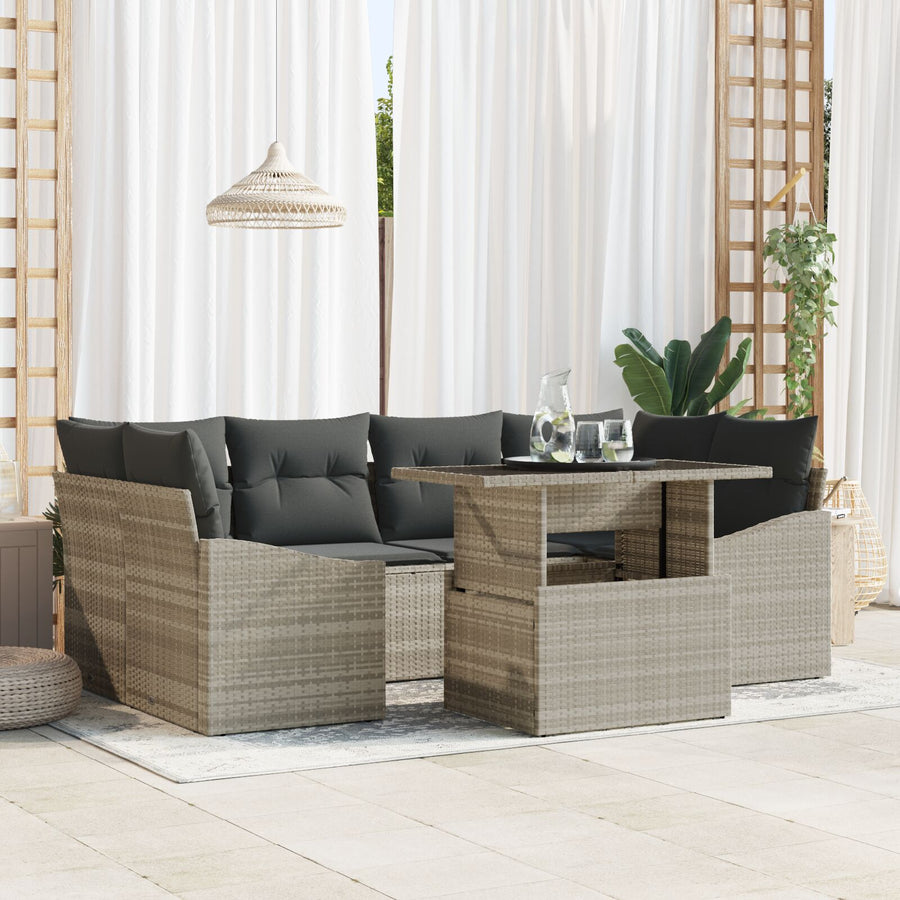 7-Delige Tuin Sofa Set Met Kussens Lichtgrijs Poly Rattan