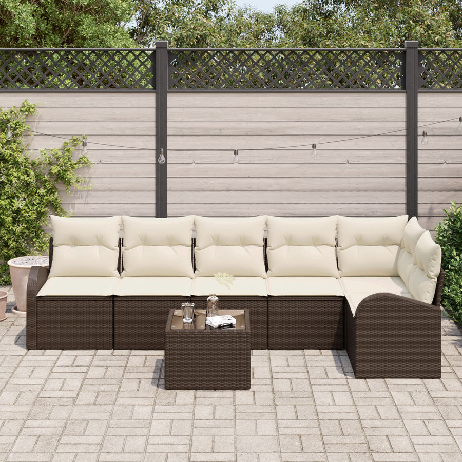 6-Delige Tuin Sofa Set Met Kussens In Grijze Poly Rattan Bruin en crème met tafel
