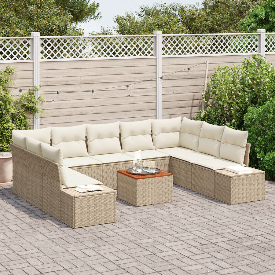 10-Delige Tuin Sofa Set Met Kussens Beige Poly Rattan Acacia
