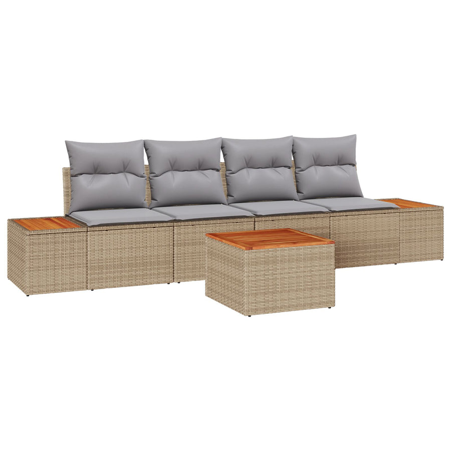 5-Delige Tuinbankset Met Kussens Beige Poly Rattan Acacia
