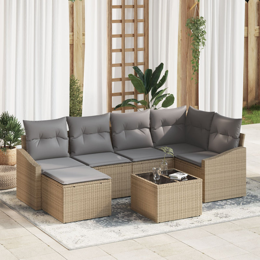 7-Delige Tuin Sofa Set Met Kussens Zwart Poly Rattan
