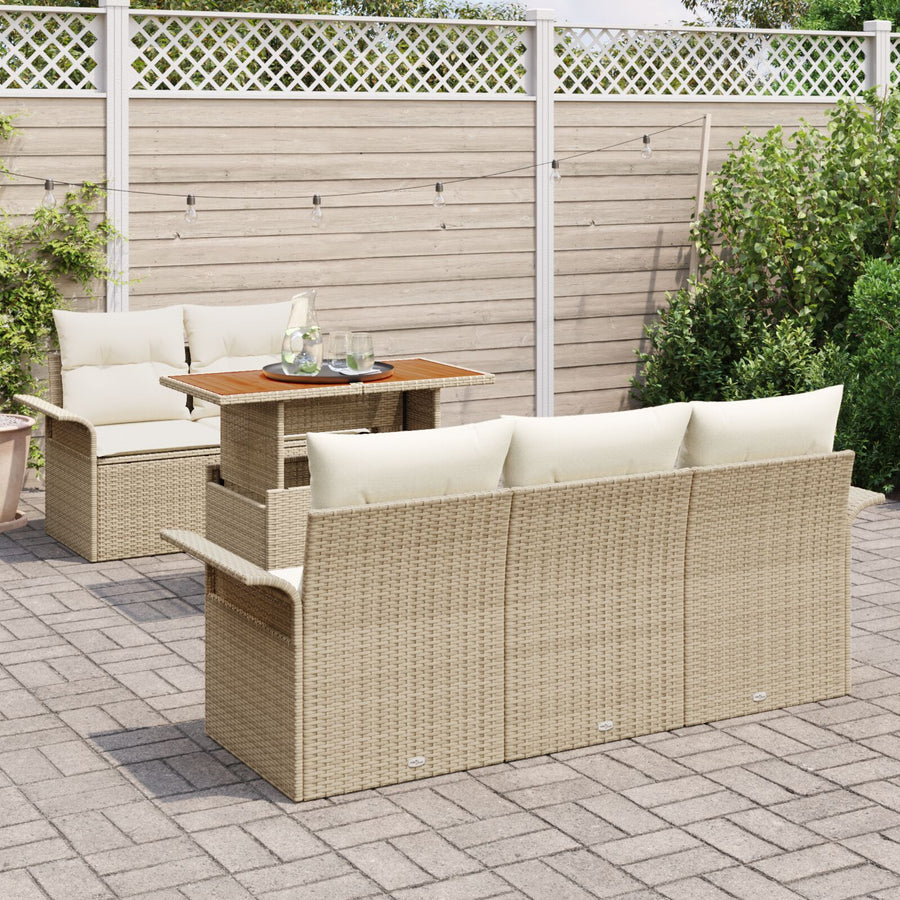6-Delige Tuinbankstel Met Kussens Beige Poly Rattan Acacia