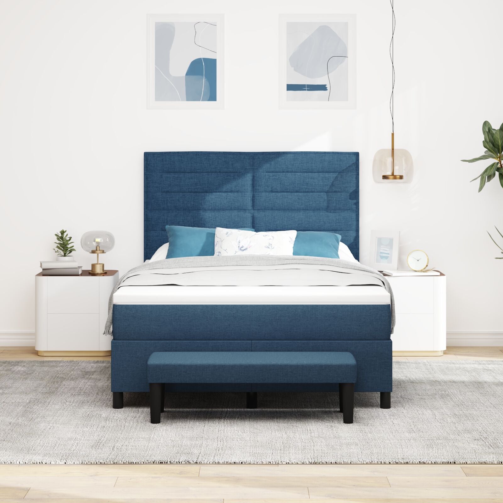 Boxspring Bed Met Matras & Bank Stof Blauw 140 x 190 cm Lijnen ontwerp