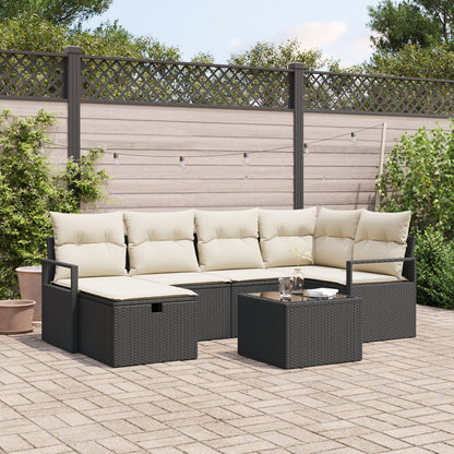 7 Delige Tuin Sofa Set Met Kussens Zwart Poly Rattan,  2-Persoons Tuin Sofa Met Kussens Zwart Poly Rattan