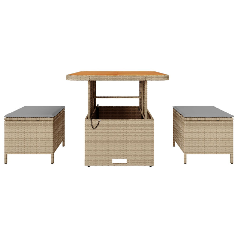 3-Delige Tuin Eetset Met Kussens Poly Rattan Acaciahout 80 cm Beige en grijs 2 stools