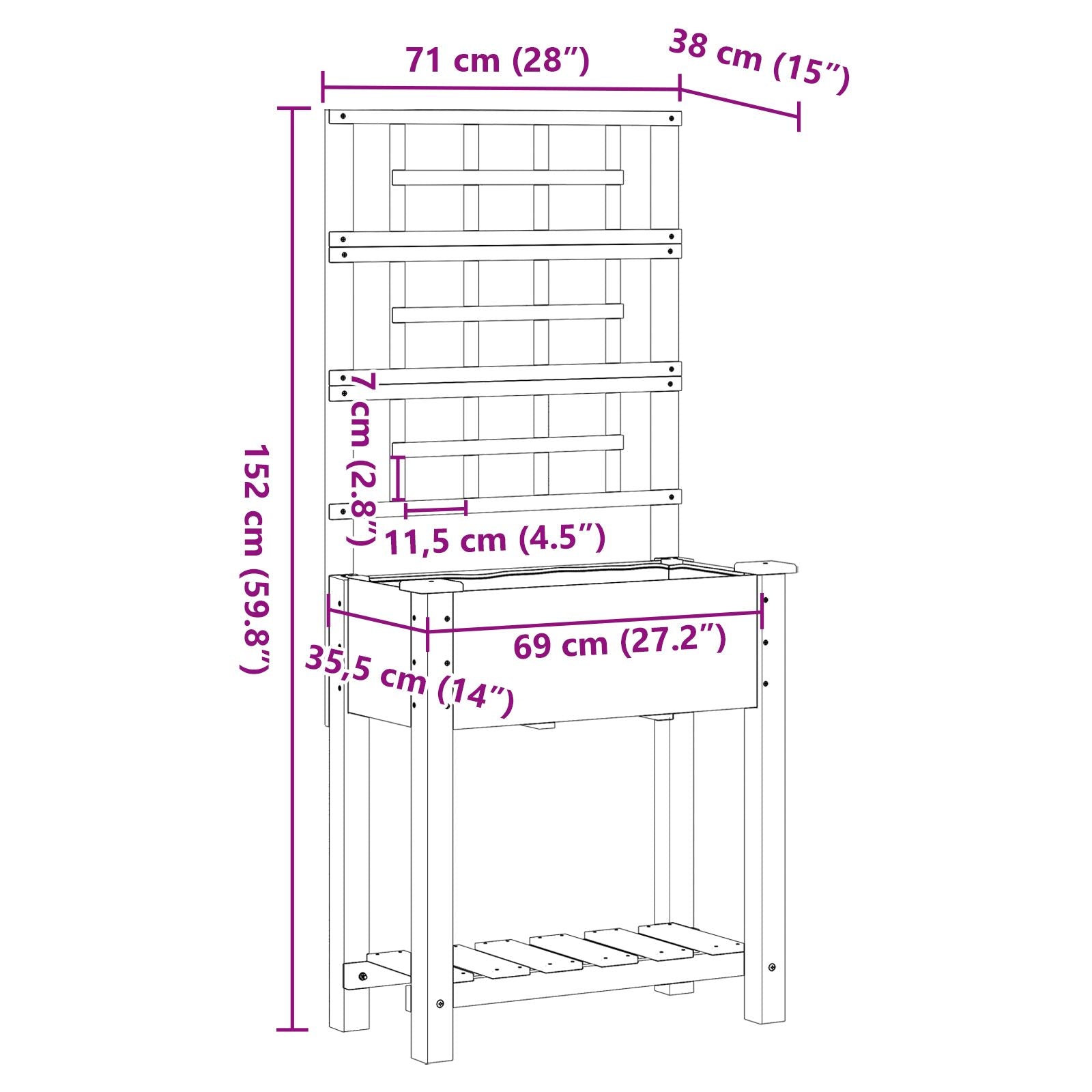 Tuinbak Met Trellis En Plank 71X37X152 Cm Massief Vurenhout 71 x 38 x 152 cm