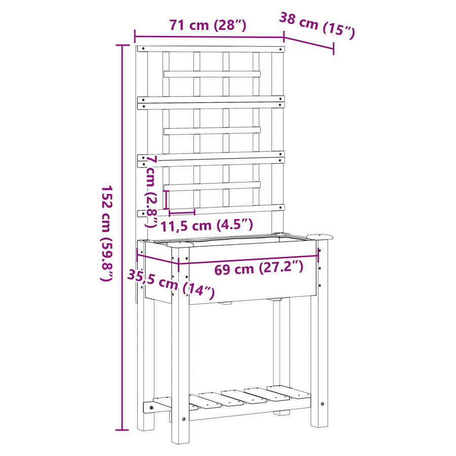 Tuinbak Met Trellis En Plank 71X37X152 Cm Massief Vurenhout 71 x 38 x 152 cm