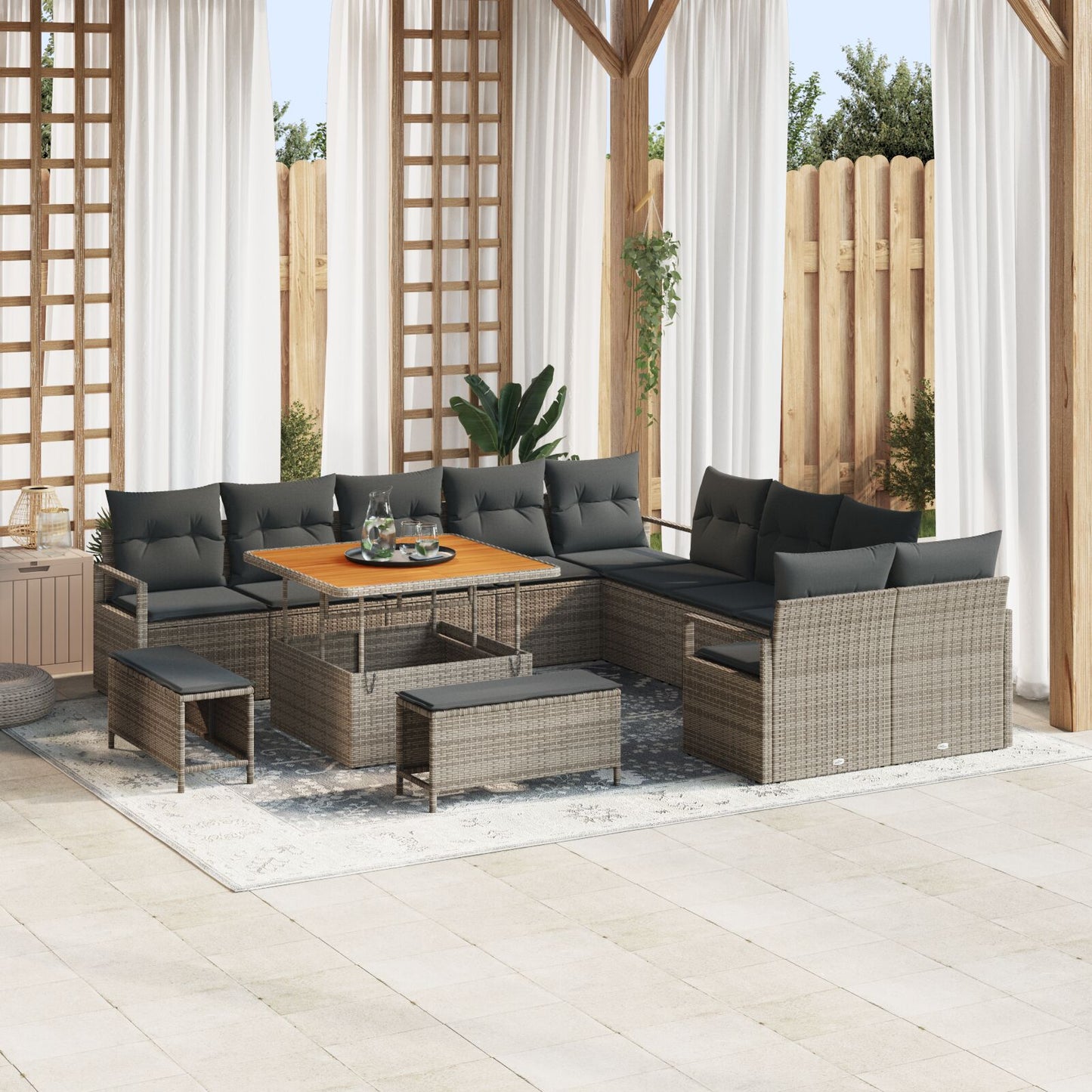 13-Delige Tuinbank Set Met Kussens Grijs Poly Rattan Acacia, 2-Zits Tuinbank Met Opslag & Kussens Grijs Poly Rattan, 3-Delige Tuin Eetset Met Kussens Grijs Poly Rattan Acacia Wit