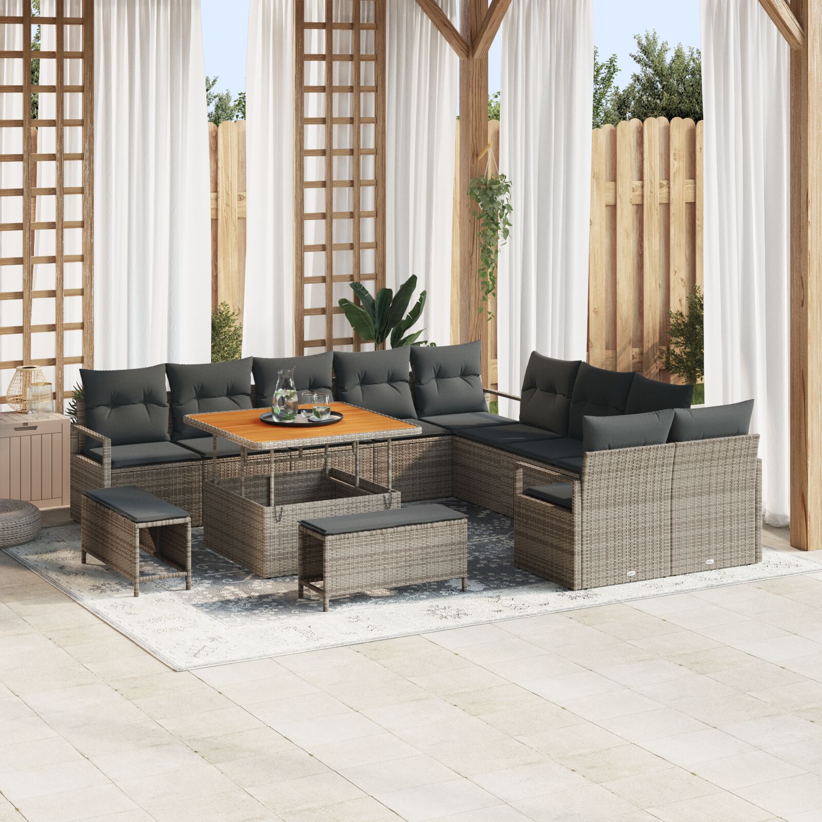 13-Delige Tuinbank Set Met Kussens Grijs Poly Rattan Acacia, 2-Zits Tuinbank Met Opslag & Kussens Grijs Poly Rattan, 3-Delige Tuin Eetset Met Kussens Grijs Poly Rattan Acacia Wit