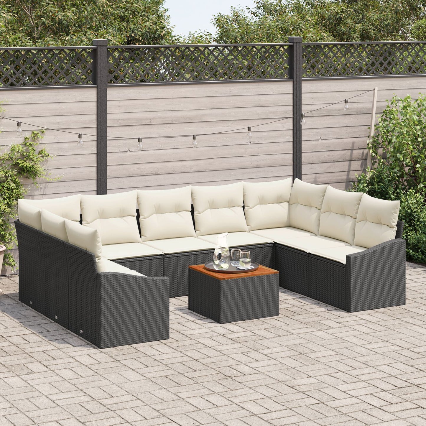 10-Delige Tuin Sofa Set Met Kussens Zwart Poly Rattan Acacia