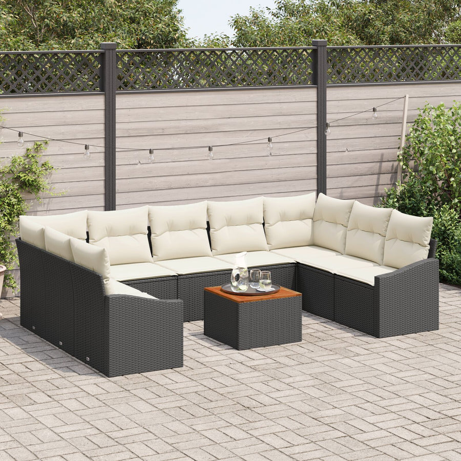 10-Delige Tuin Sofa Set Met Kussens Zwart Poly Rattan Acacia