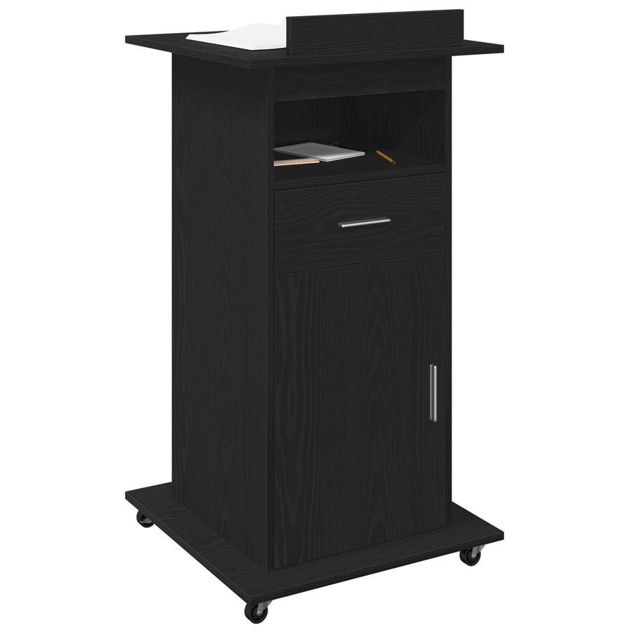 Lectern Podium Met Wielen Zwart Eiken Hout