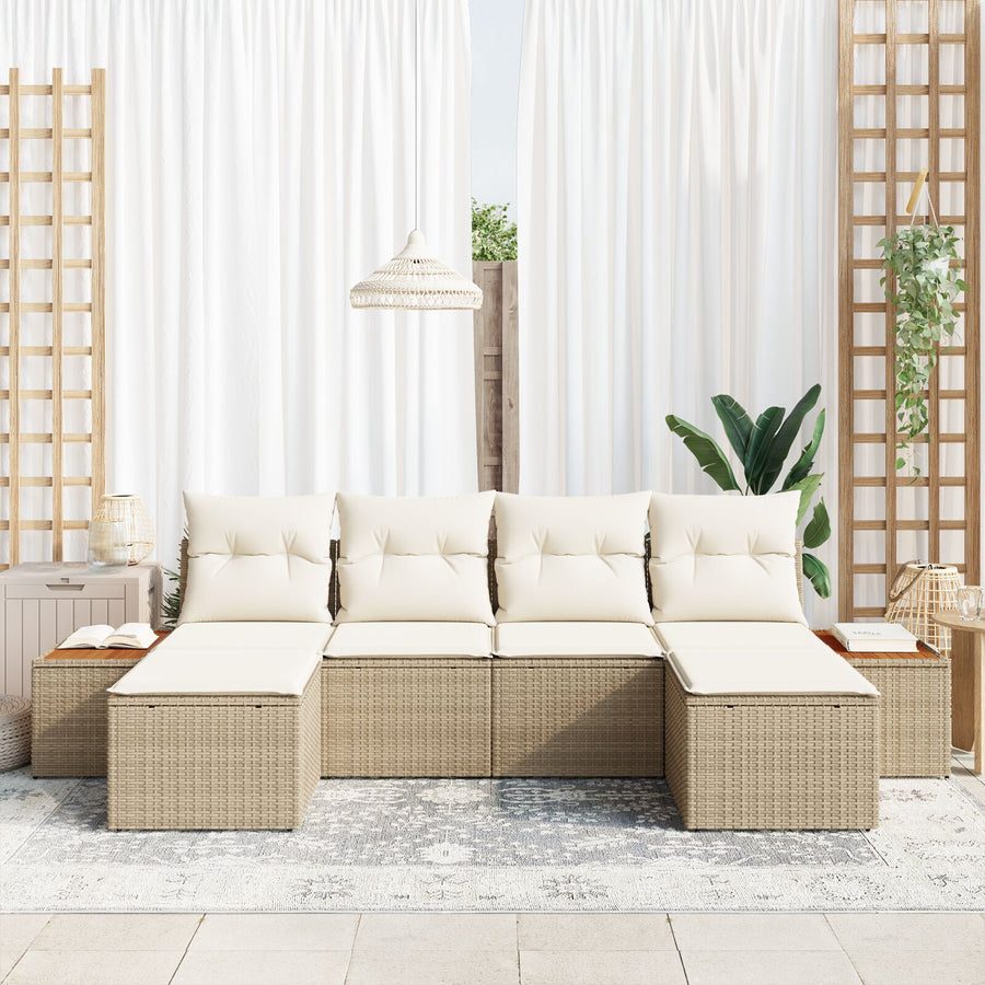 6-Delige Tuinhoekbankset Met Kussens Beige Poly Rattan Acacia