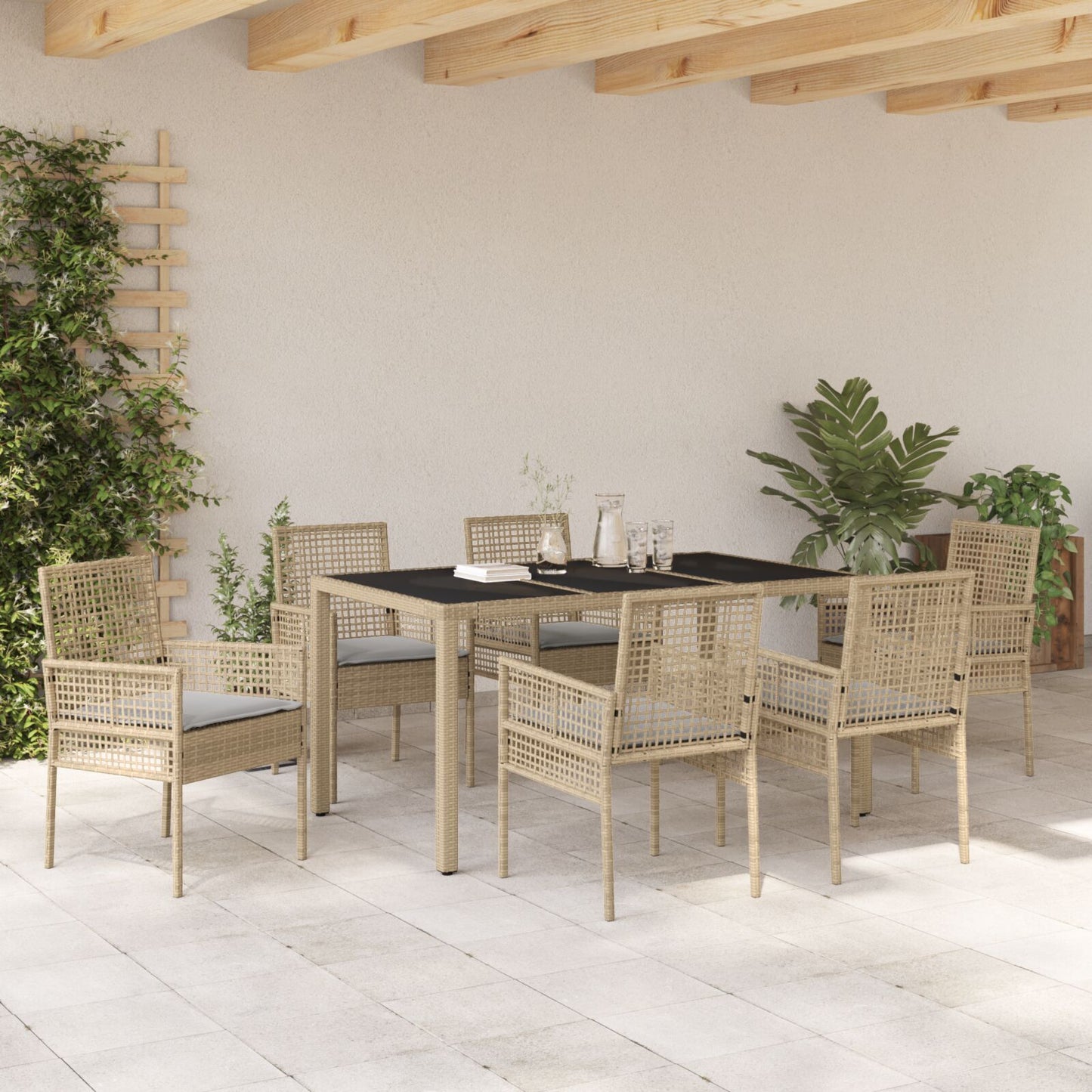 7-Delig Tuin Eettafelset Met Kussens Beige Poly Rattan