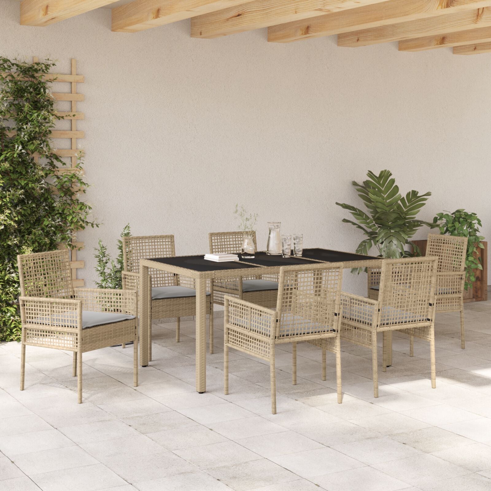 7-Delig Tuin Eettafelset Met Kussens Beige Poly Rattan